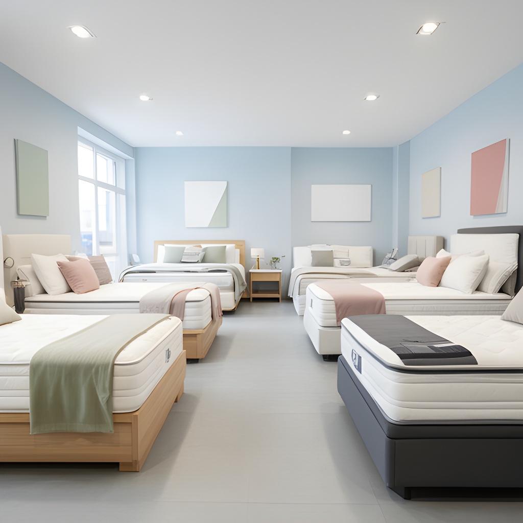 Bright Wakefield bedding showroom with mattresses and neatly made beds on display