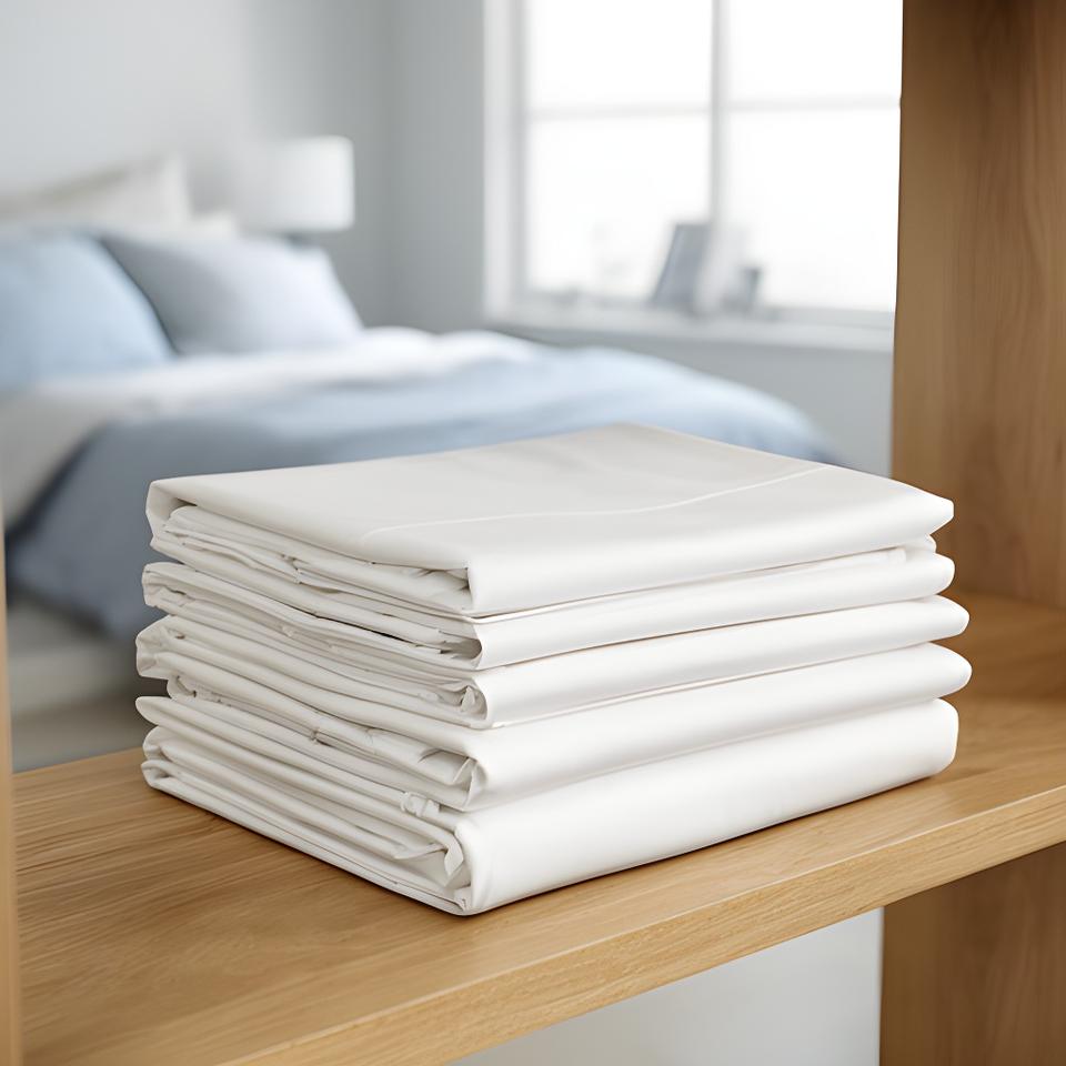 Stack of folded white cotton percale sheets on a timber shelf in a bright bedroom