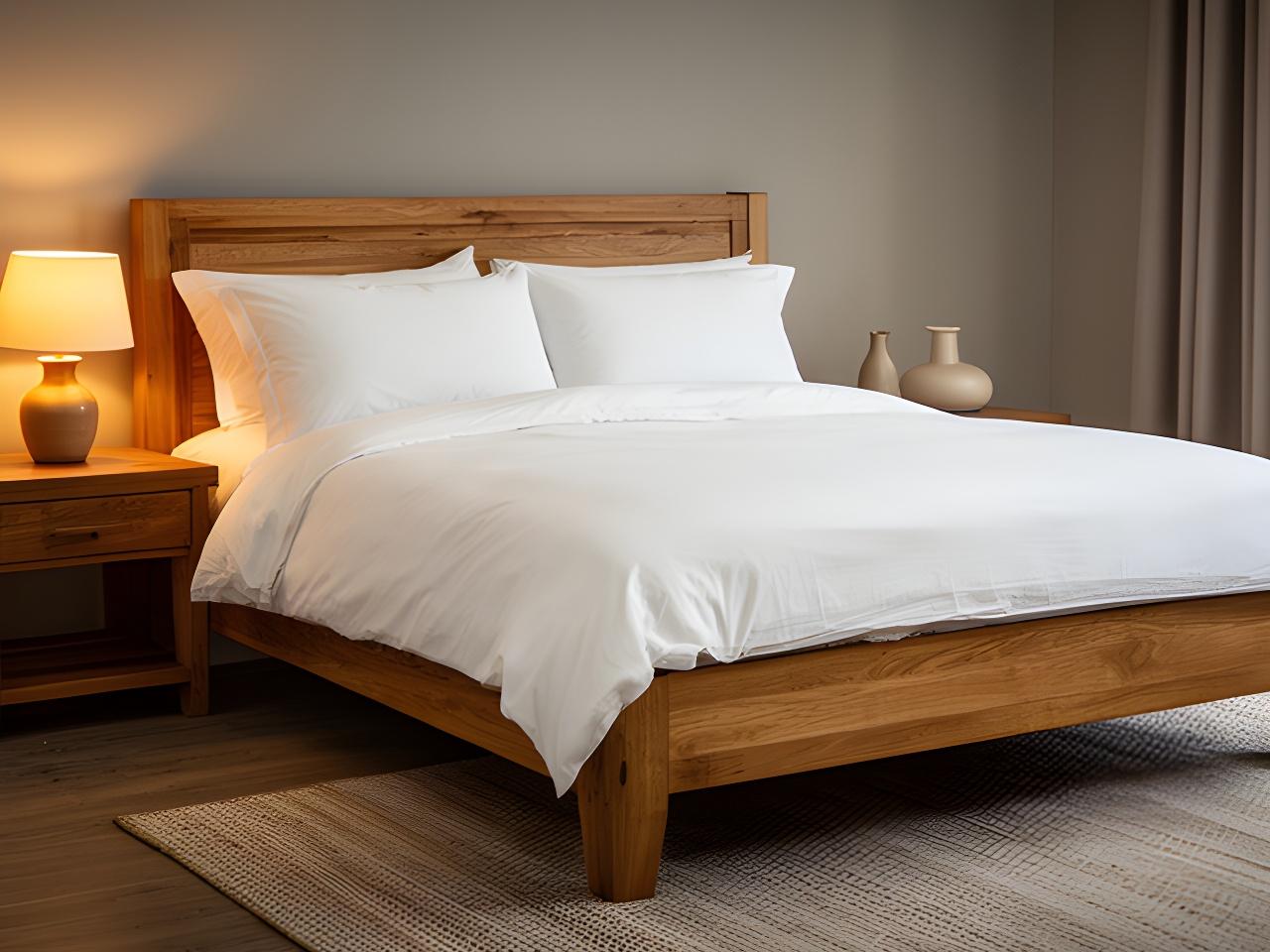 Finished oak bed frame with crisp white bedding and warm bedside lighting