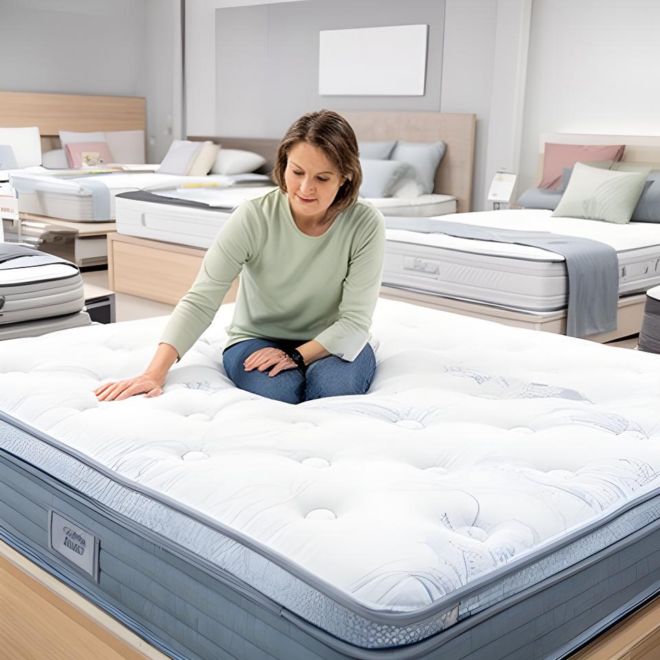 Customer testing a supportive mattress in a bright Wakefield bedding showroom