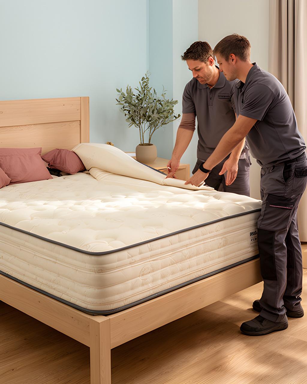 Delivery crew checking mattress placement beside a made bed in a modern bedroom